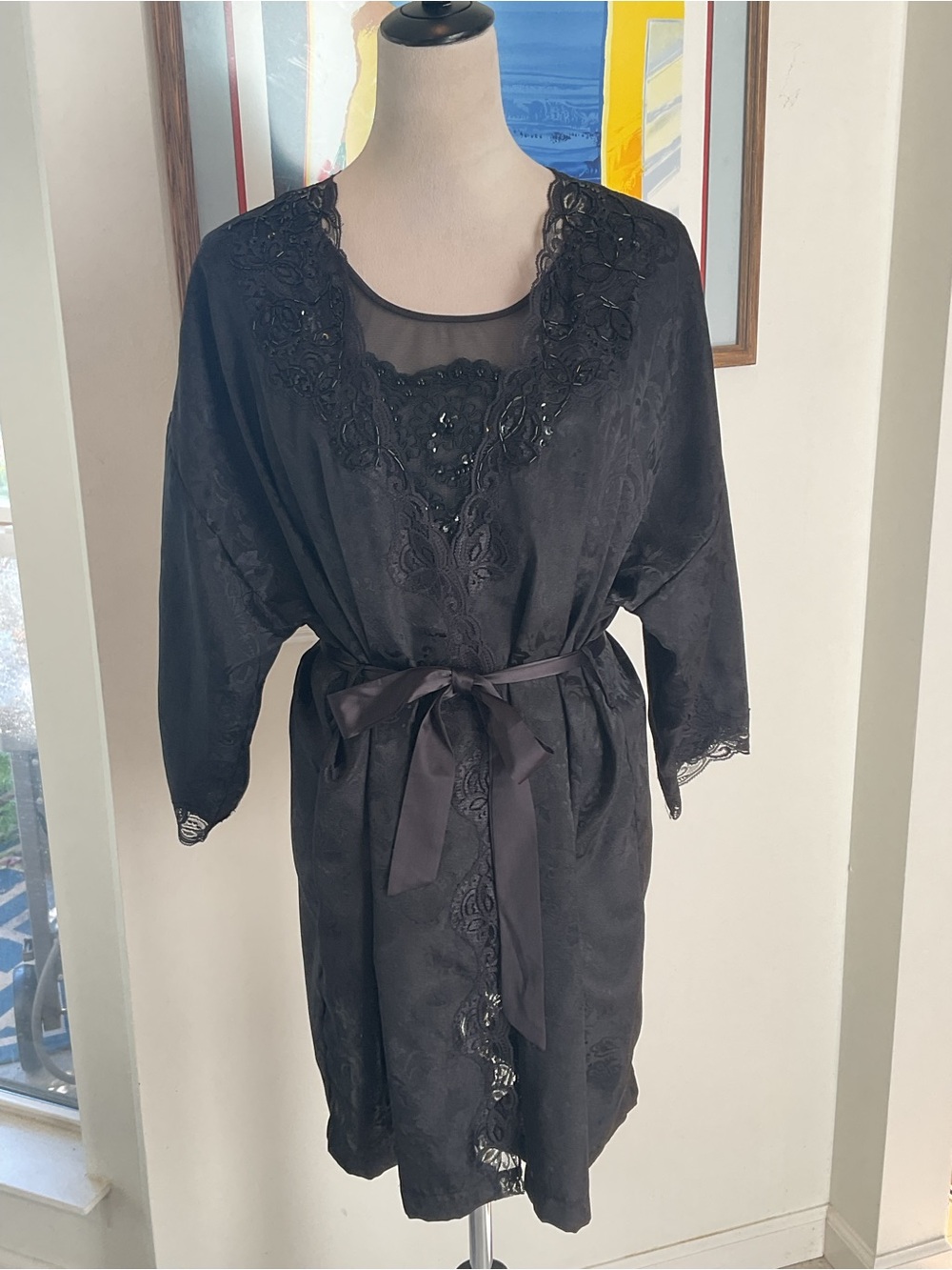 Victoria's Secret Black Satin Lace-Trim Robe with Tie Belt + Bodysuit